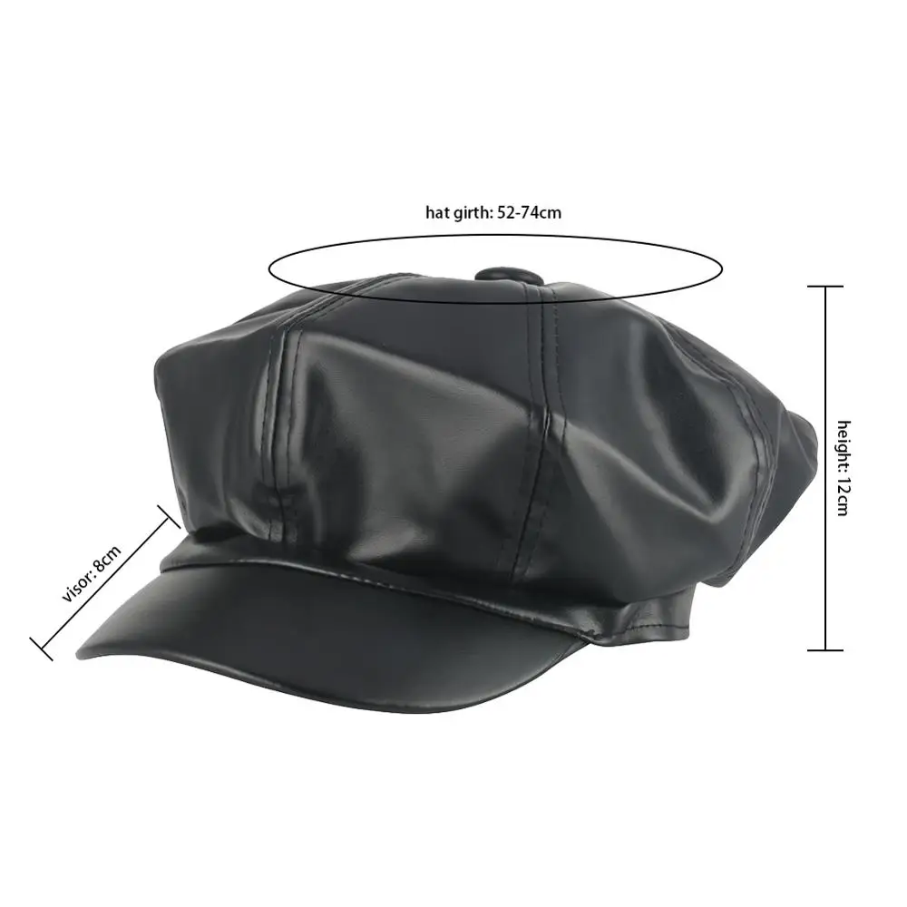 Черный шерстяной женский берет зимний из искусственной кожи восьмиугольная