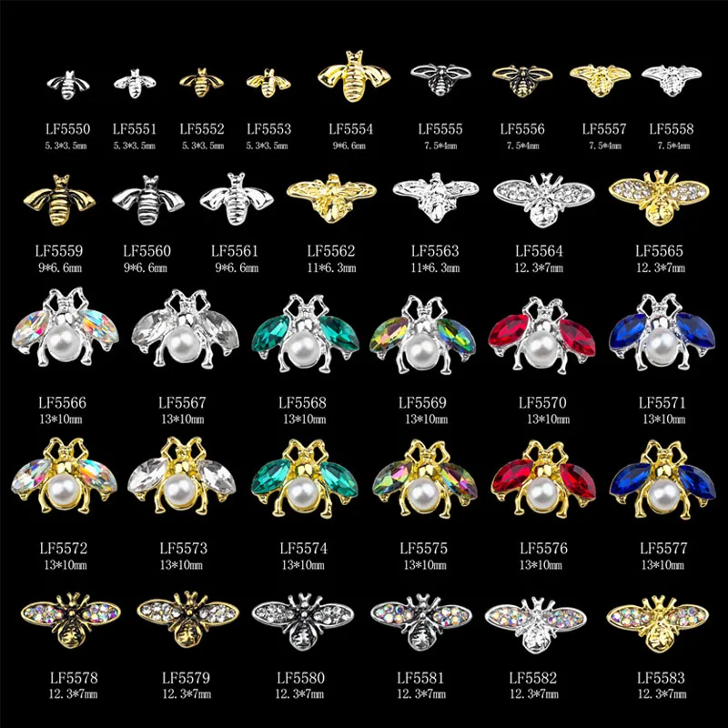 

10PCS/PACK 3D Retro Nail Charms Rhinestones Gold Silver Bee Designs Alloy Gemstones DIY Jewerly For Manicure Nails Accessories