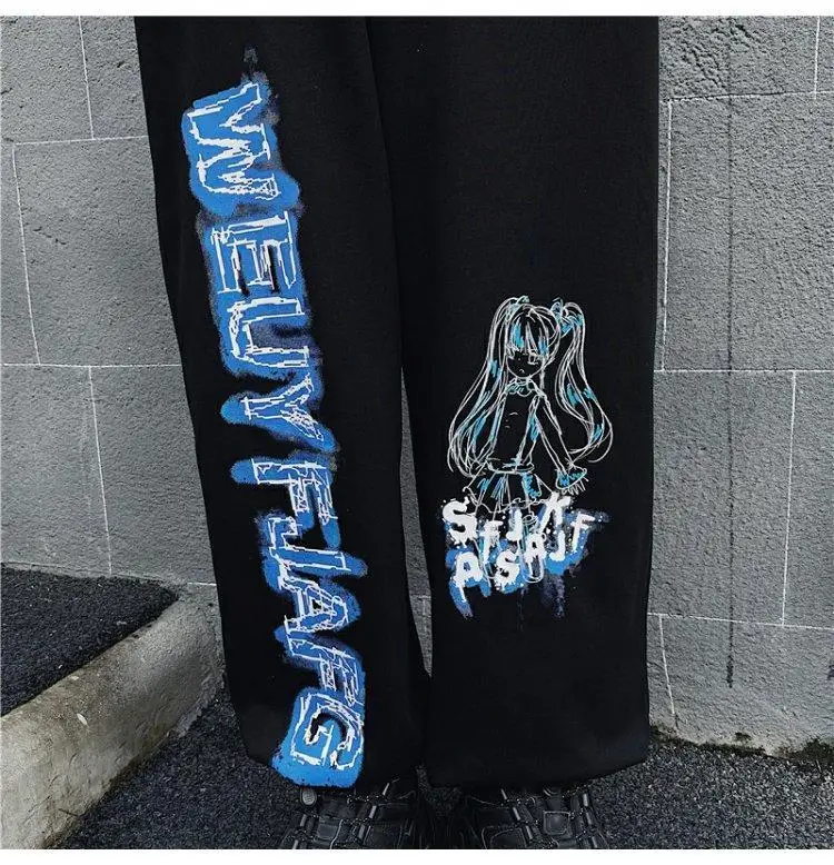 

Harajuku style black wide-leg pants women autumn 2020 new Korean retro anime print loose bf sports casual pants trend