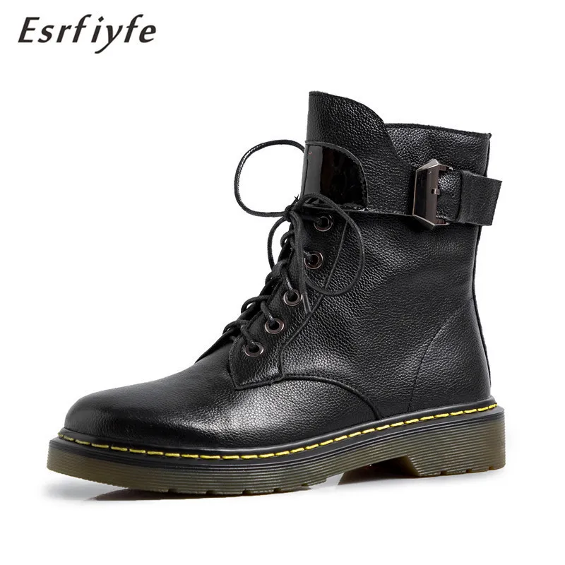 

ESRFIYFE 2020 New Genuine Leather Women Shoes Ladies Low Heels Martin Boots Ladies Cross-tied Vintage Shoes British Wind Boots