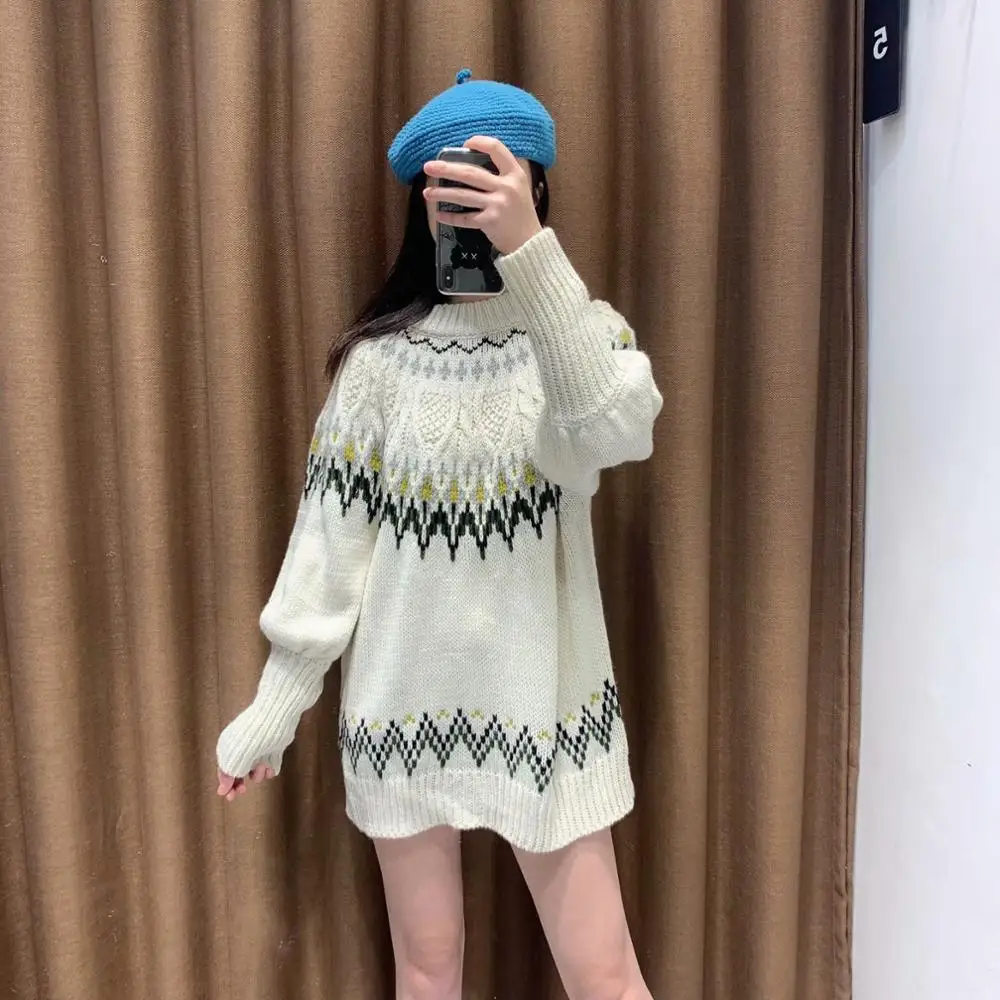 ZA NEW Spring women's white O-Neck long lantern sleeve geometric knitted Sweaters fashion female woman clothes | Женская одежда