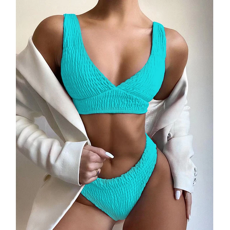 

Sexy V Neck Bikini 2021 Swimwear High Waisted Wrinkled Bikini Solid Swimsuit Beach Wear Push Up Two Piece Bathing Suit Biquini