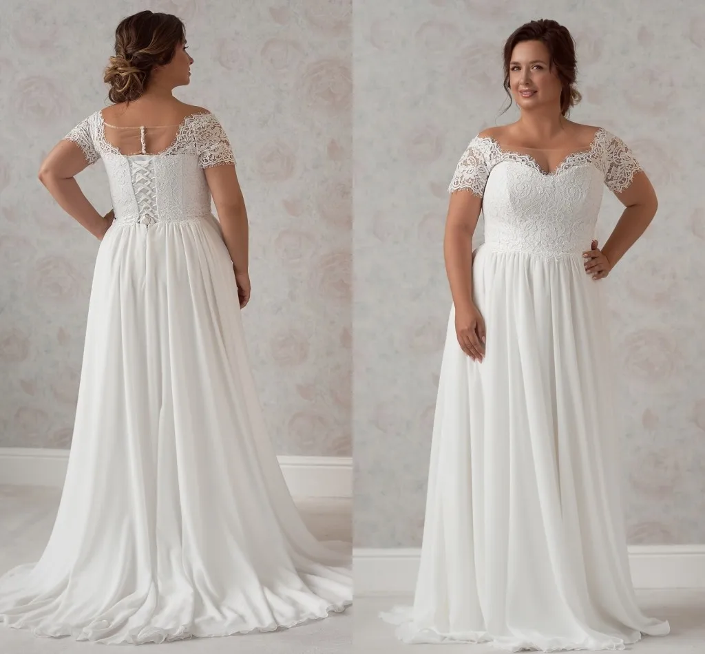 

Mariage Elegant Plus Size Wedding Dresses Chiffon Beach Bridal Gown Top Lace Short Sleeves Bride 2021