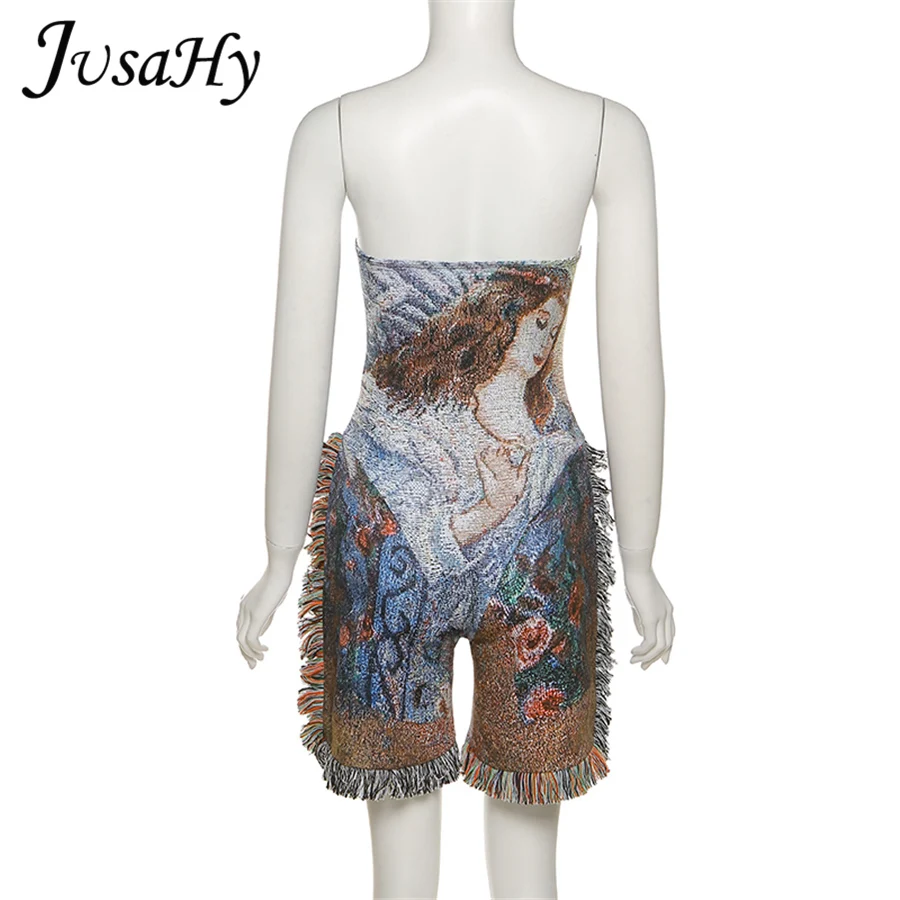 

JusaHy Vintage Pattern Print Women Playsuit Indie Folk Style Unique Side Tassel Strapless Loose Hipster Female Straight Clothing