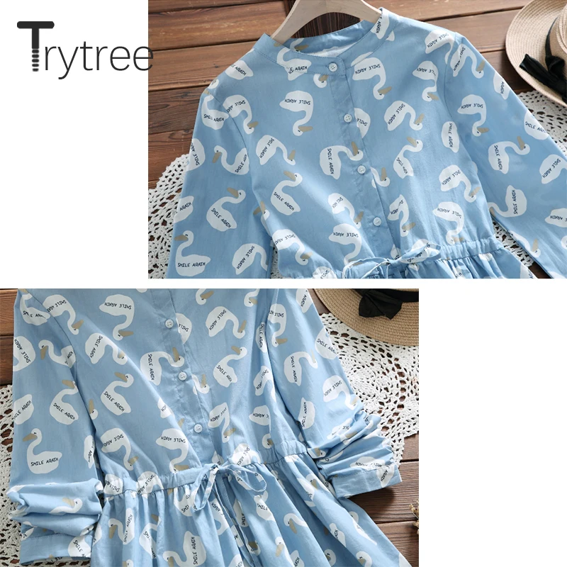 Осеннее женское повседневное Хлопковое платье Trytree рубашка на пуговицах с