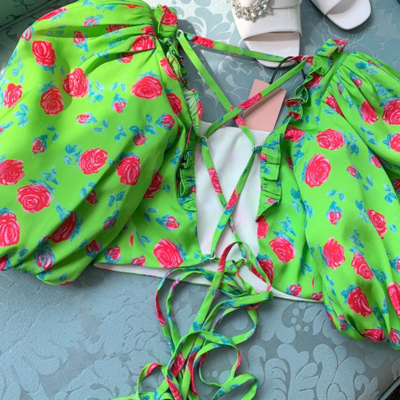 

GALCAUR Floral Print T Shirt For Women Square Collar Puff Short Sleeve Hit Color Bandage Top T Shirts Female 2021 Summer Clothes