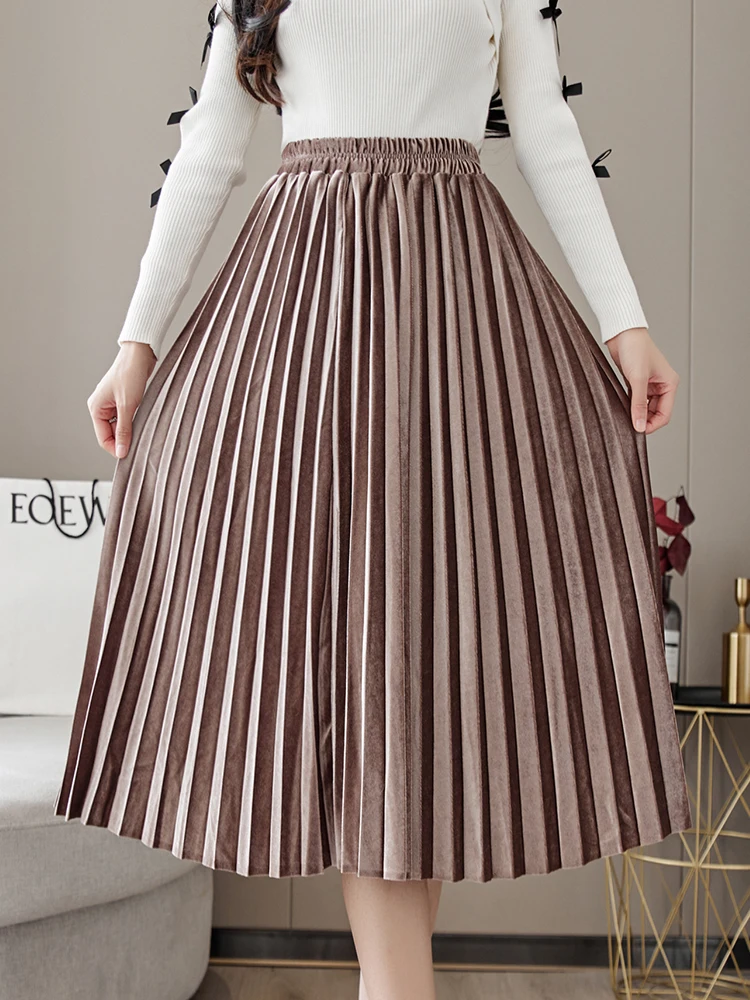 

Женская бархатная плиссированная длинная юбка TIGENA, винтажная Повседневная однотонная трапециевидная юбка средней длины с высокой талией д...