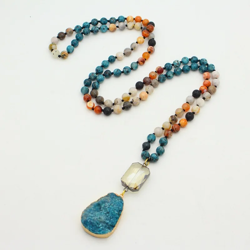 

Boho Mixed Natural Stones Onyx Stones with Druzy Nepal Pendant Necklace Handmade Gilded Drusy Women Necklaces Dropshipping