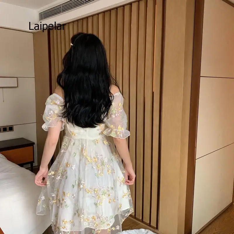 

French Floral Dress Women Sexy Puff Sleeve Lace Chiffon Print Summer Korean Style Vintage New 2021