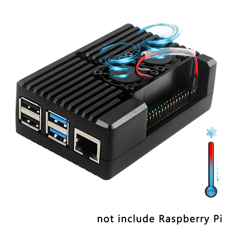 

Корпус для Raspberry Pi 4, алюминиевый корпус с двойным охлаждающим вентилятором, 4 радиатора, активное и пассивное охлаждение для Raspberry Pi 4, Модель ...