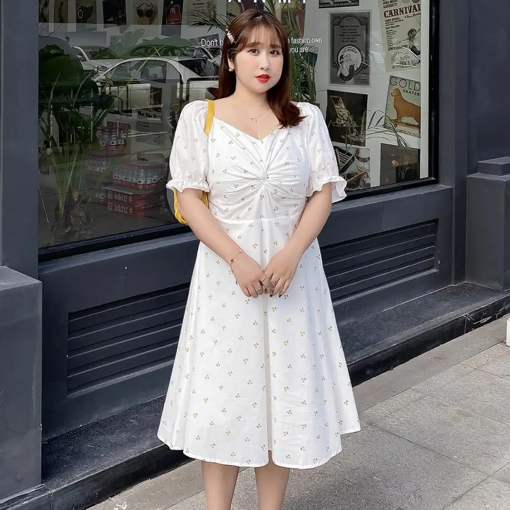 

Women's summer printed square collar bubble sleeve commuter dress plus size knee length casual wear 100 kg can be worn