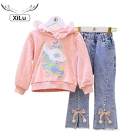 girls sequined cartoon hooded sweater and jeans suit toddler girl fall clothes fashion clothes girl christmas outfit