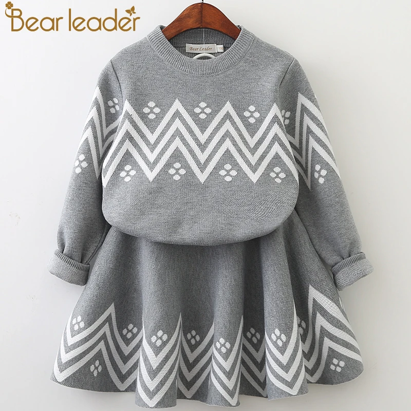 

Bear Leader Girls Dress 2021 Winter Geometric Pattern Dress Long Sleeve Girls Clothes Top Coat+ Tutu Dress Sweater Knitwear 2pcs