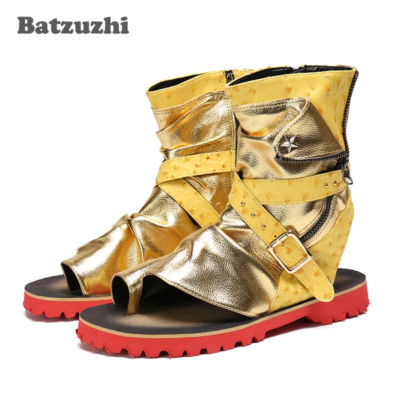 

Rock Mens Shoes Gold Leather Men's Sandals Summer Rome Sandalias Mujer 2018 Ankle Sandal Shoes Men Zip Gladiator, Big Size US12