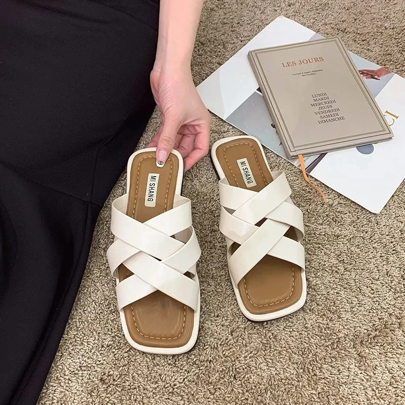 

New Fashion Weave Slippers Women Square Toe Flat Casual Shoes Women Slide 2021 Summer Flip Flops Beach Sandal Slipper Big size42