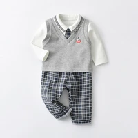 spring and autumn baby boy suit infant clothing three piece college style long sleeve triangle romper plaid trousers vest sets