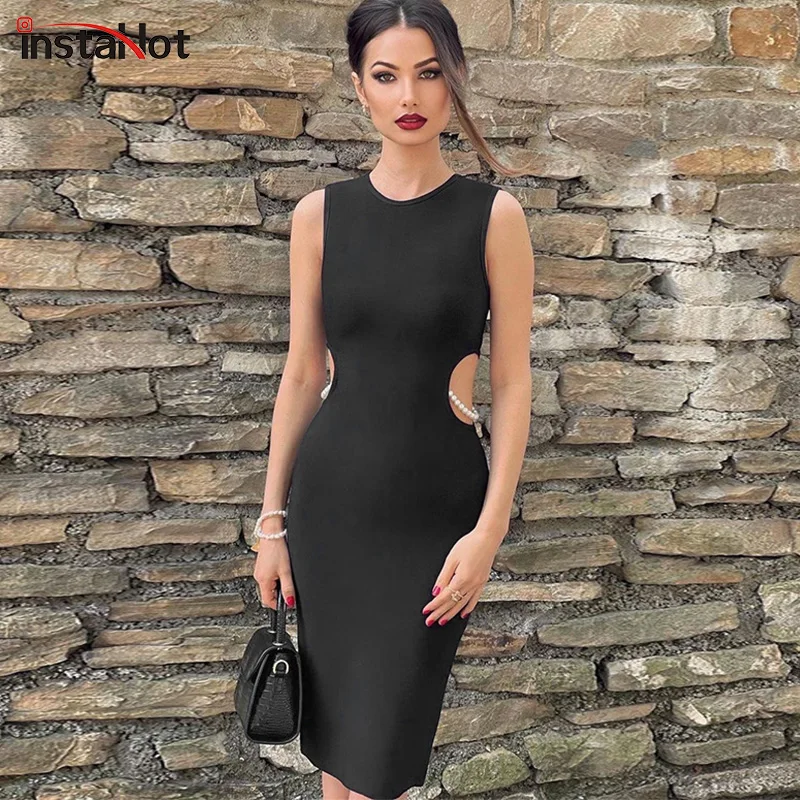 

InstaHot женское открытое ювелирное однотонное платье винтажные повседневные Клубные вечерние тонкие 2021 Летние Элегантные новые черные плать...