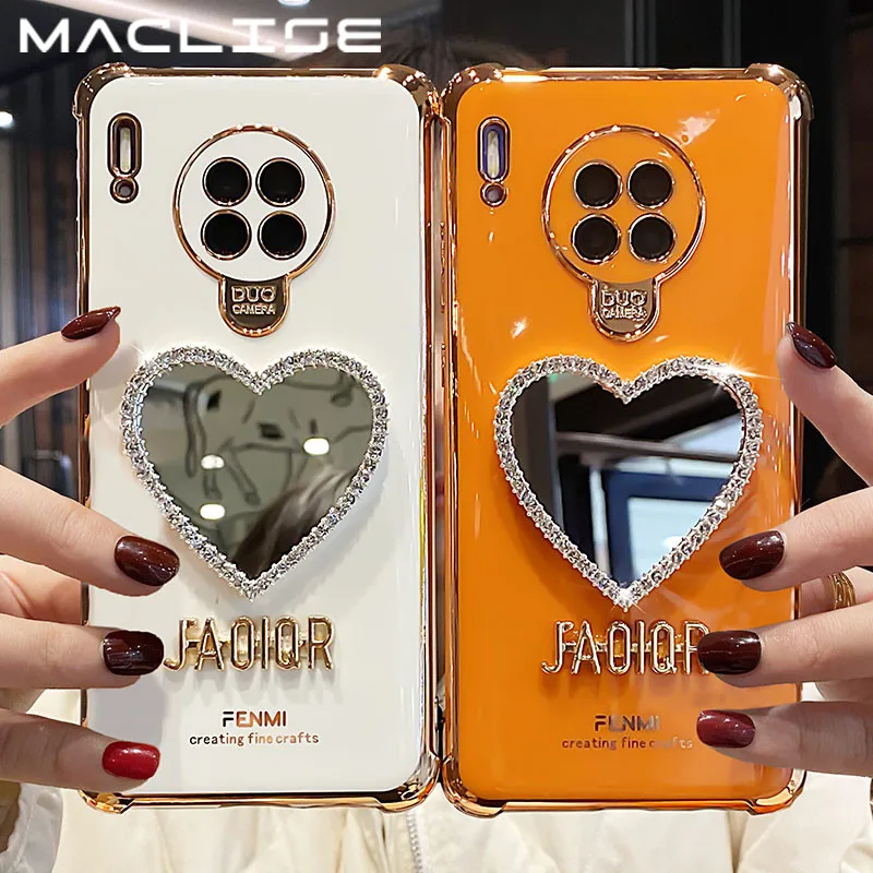 

Luxury Brand Plating Love Heart Mirror Phone Case For Huawei Honor 9X 20 P40 Pro Mate 30 Fashion Girl Diamond Crystal Soft Cover