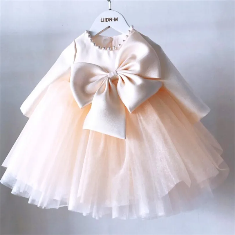 

1st Birthday Baby Girls Dress Pearl Bow Princess Girls Dress For Party And Wedding Tulle Baby Baptism Dress Christening Gowns