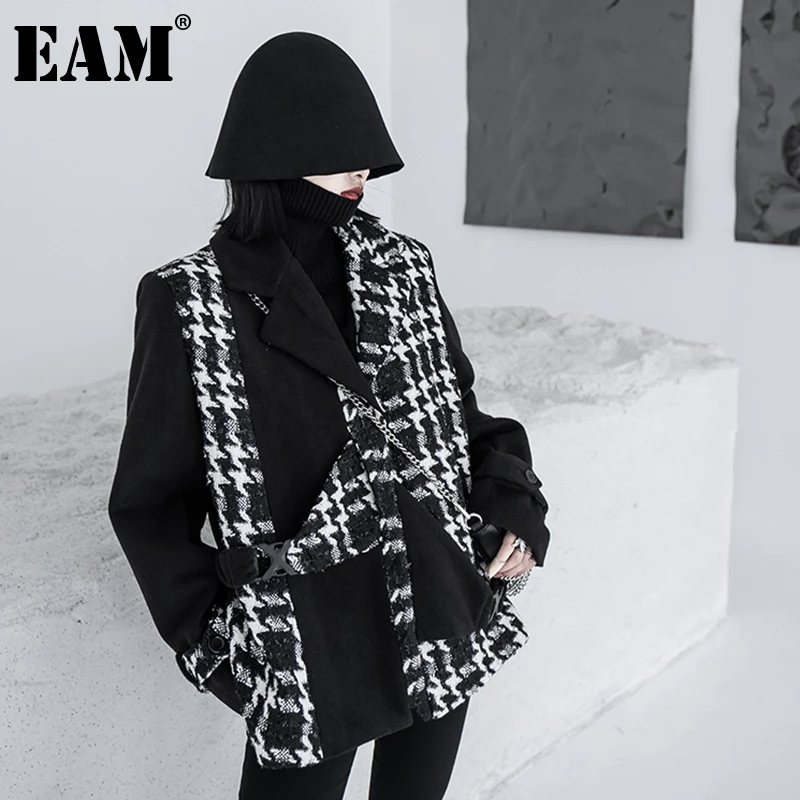 

[EAM] свободное черное твидовое пальто большого размера, теплое шерстяное пальто, парки, новая Женская мода с длинным рукавом, Осень-зима 2022, ...