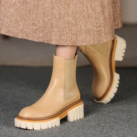 thick bottom genuine leather western style chelsea ankle boots for woman elastic band patchwork chunky heel boot lady shoes