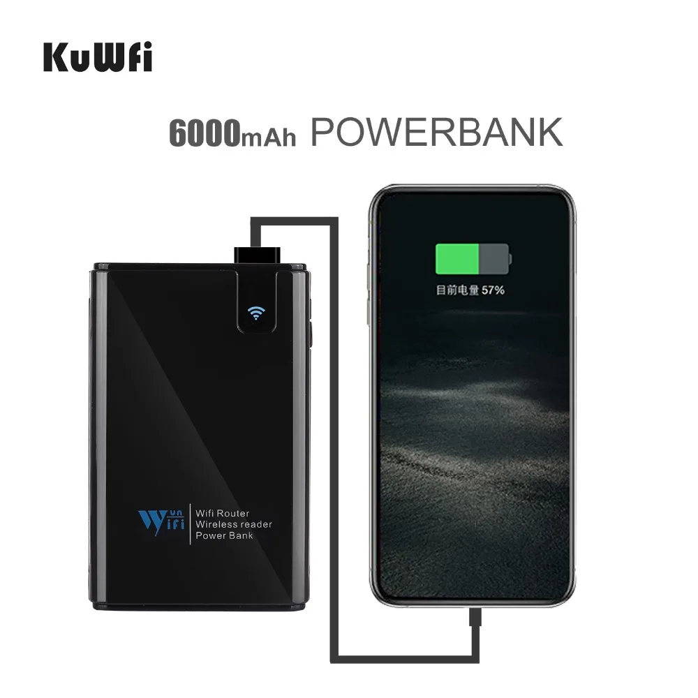 KuWFi беспроводной считыватель карт SD/TF/CF 300 Мбит/с беспроводной маршрутизатор и повторитель Внешний Аккумулятор 6000 мАч RJ45 для IOS Android