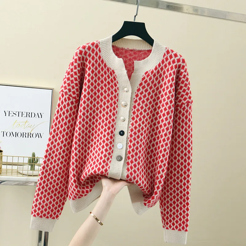 Женский винтажный кардиган в клетку однобортный прямой свитер с длинным рукавом