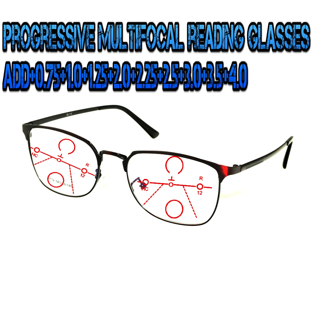 

Progressive Multifocal Anti Blu Light Reading Glasses Red Metal Frame Men Women High Quality Cat's Eye Large Size Frame+0.75To+4