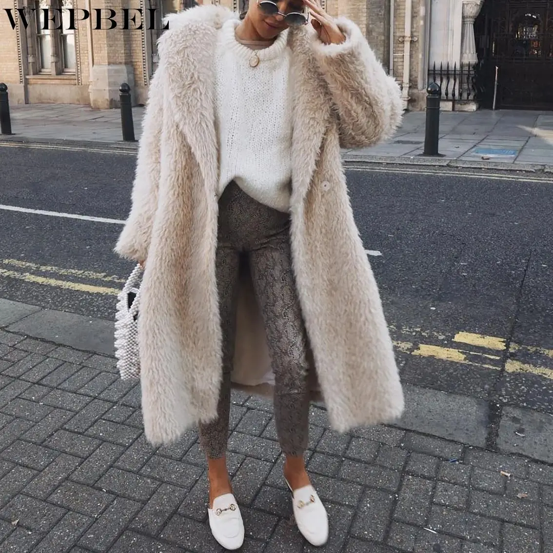 

WEPBEL Plush Trench Winter Fashion Warm Loose Cardigan Coat Women's Casual Long Sleeve Turn-down Collar Solid Trench Coat