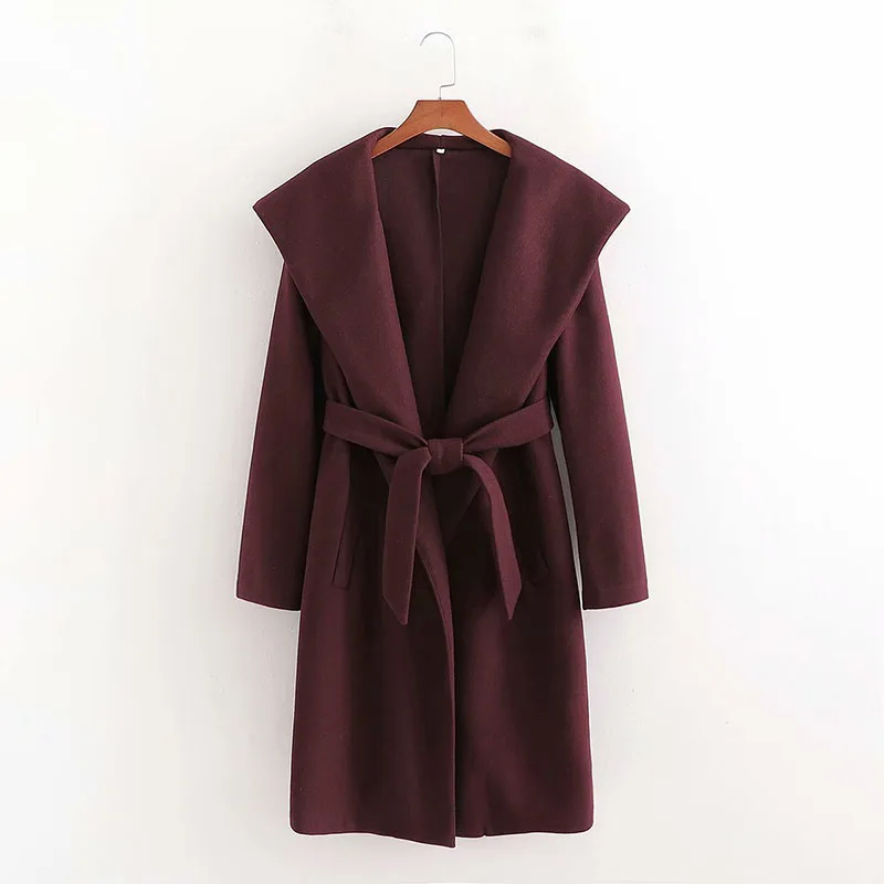 

Winter New Ladies European and American Style Fashion Simple and Elegant Mid-length Hooded Lace Up Coat Jacket