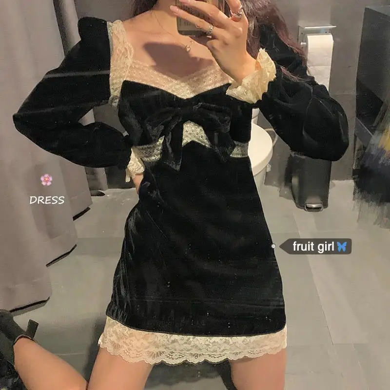 

Women Dresses 2021 Retro Pleuche Dress Women's Autumn Winter Lace Stitching Square Collar A- Line Vestido De Mujer