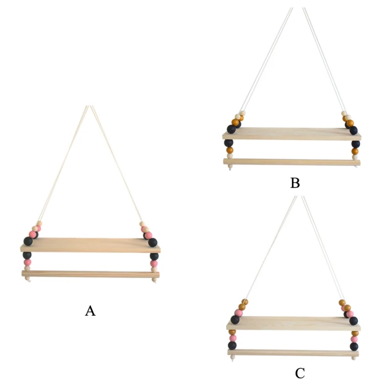 

New Nordic Style Household Wooden Hanging Shelf With Colorful Wooden Beads Wall Decoration Wooden Hanging Shelf Home Decoration