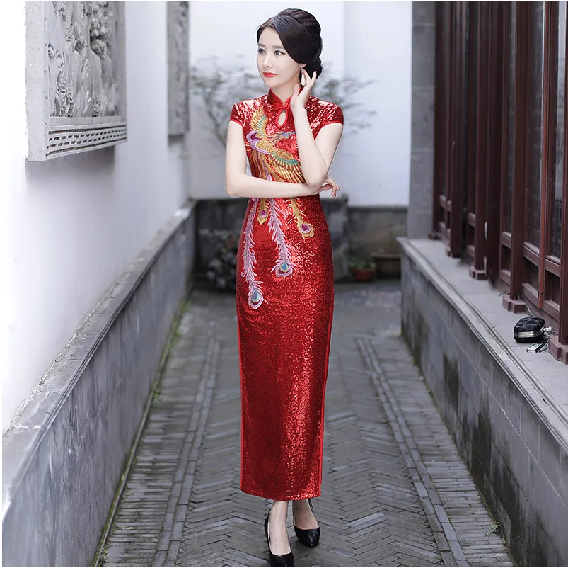 

Red Cheongsam Women Traditional Dress Sexy Wedding Qipao Sequin Embroidery Chinese Oriental Dresses Vestidos Formales Long QiPao