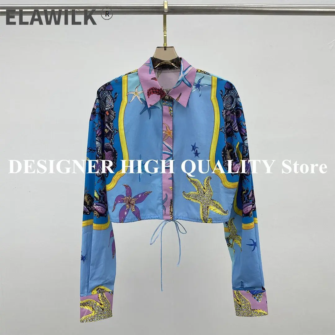 

Novelty Blue Contrast Starfish Print Cropped Thin Jacket Women Lapel Drop Shoulder Long Sleeve High Waist Drawstring Loose Coat