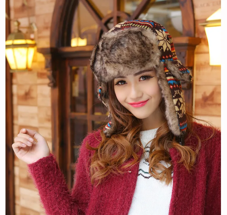 

Super Warm Knitted Bomber Hat for Women Men Outdoor Wind Prevent Russian Hat Snowflower Trapper Hat Deer Earflap Hat Cap