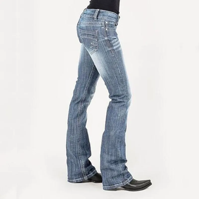 

Women Printed Pocket Jeans Stretch Denim Pants Jeans Female Mid Waist Casual Large Size Long Trousers