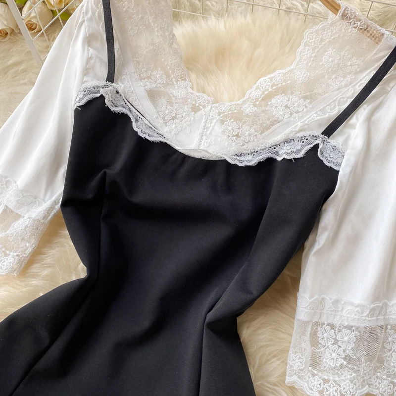 

Women Lace Patchwork OL Dresses 2021 Sexy Office Lady Side Split Party Dress Fashion Vintage Slim Vestidos Black Clothes D456