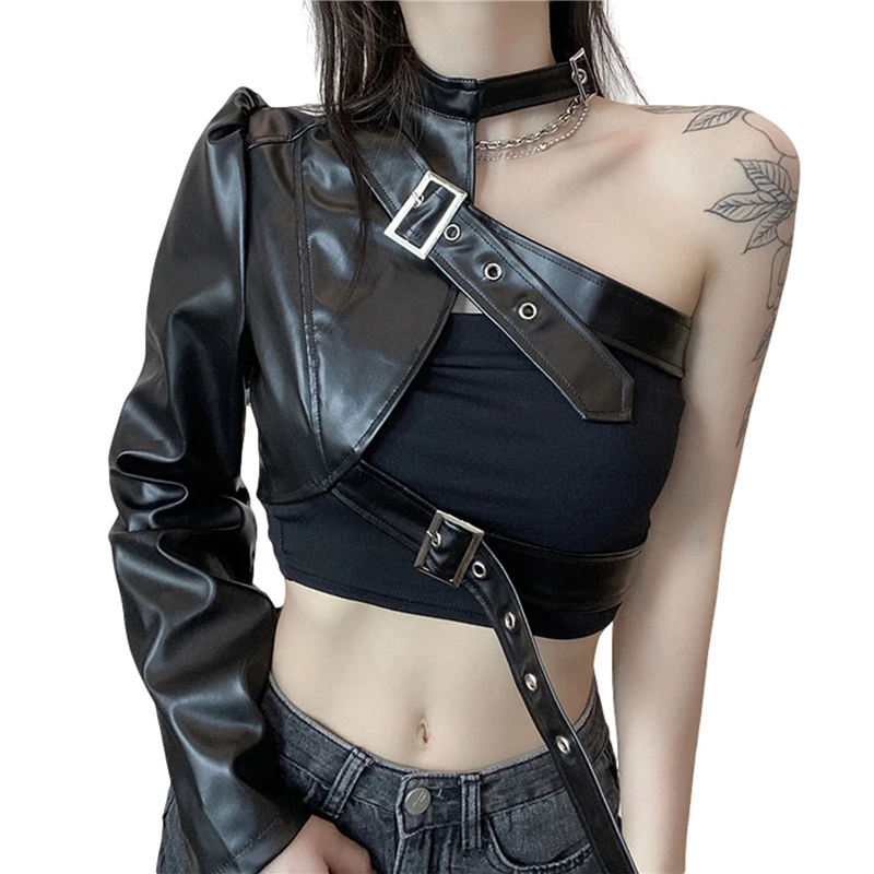 

Women Black PU Crop Jacket Metal Button Fashion Irregular Casual Punk Style One Shoulder Coats Autumn Winter Jackets Gothic Girl