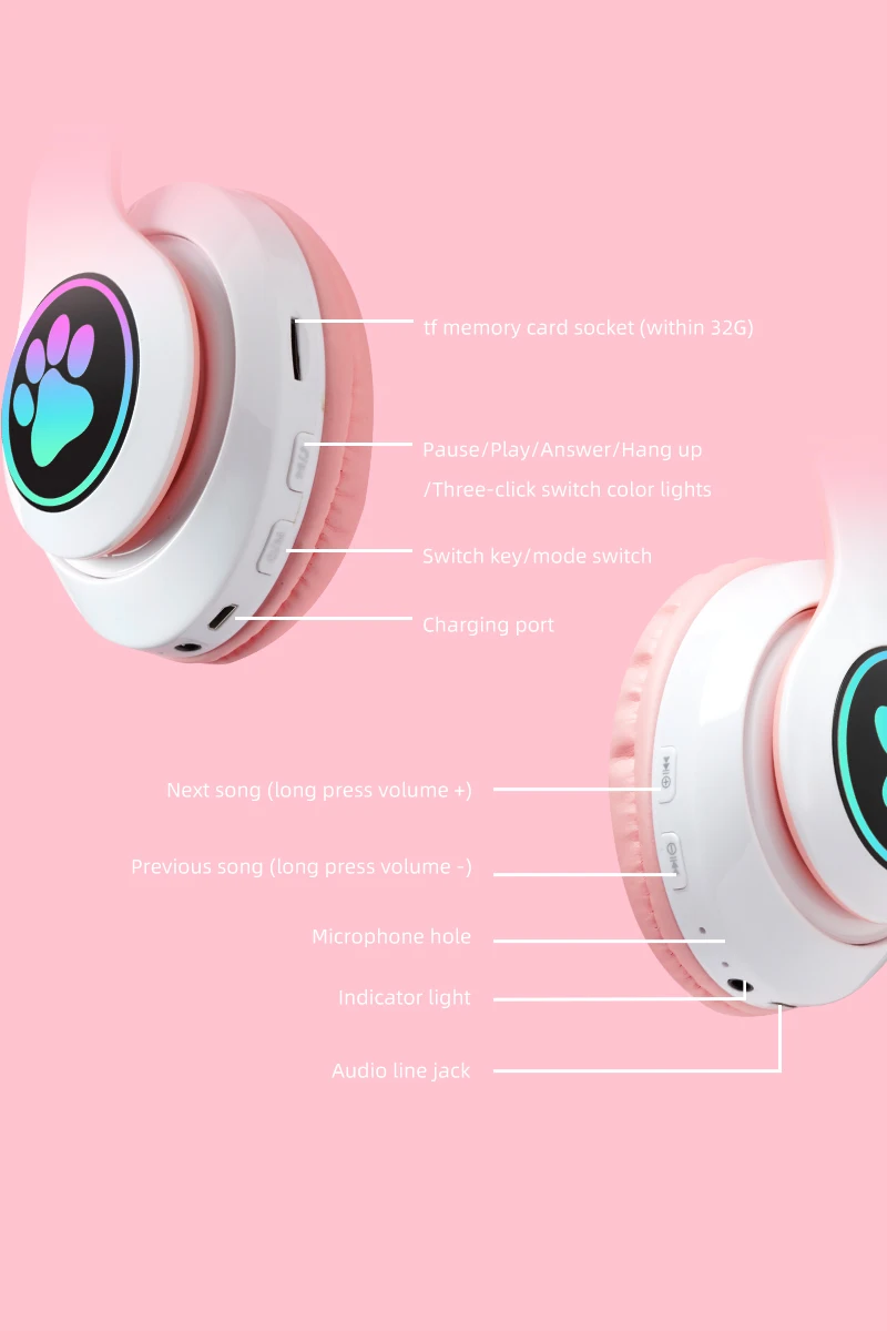 Cute Cat Bluetooth Wireless Headphones With Mic & audio cable Glowing RGB LED Children Black Pink Girls Stereo Music Headset |