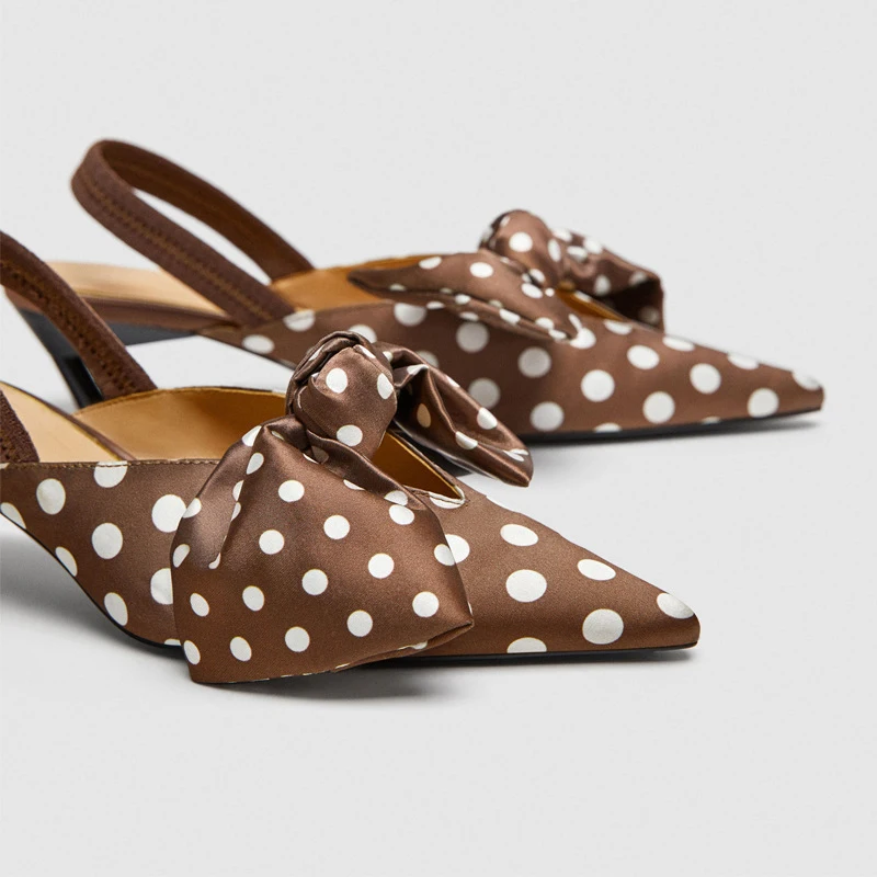 Женские босоножки в горошек без задника на высоком каблуке с бантом котенком и
