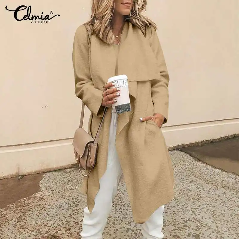 

Celmia Women Long Trench Autumn Cardigan Coats 2021 Pleated Long Sleeve Casual Pockets Lapel Fashion Office Outwear