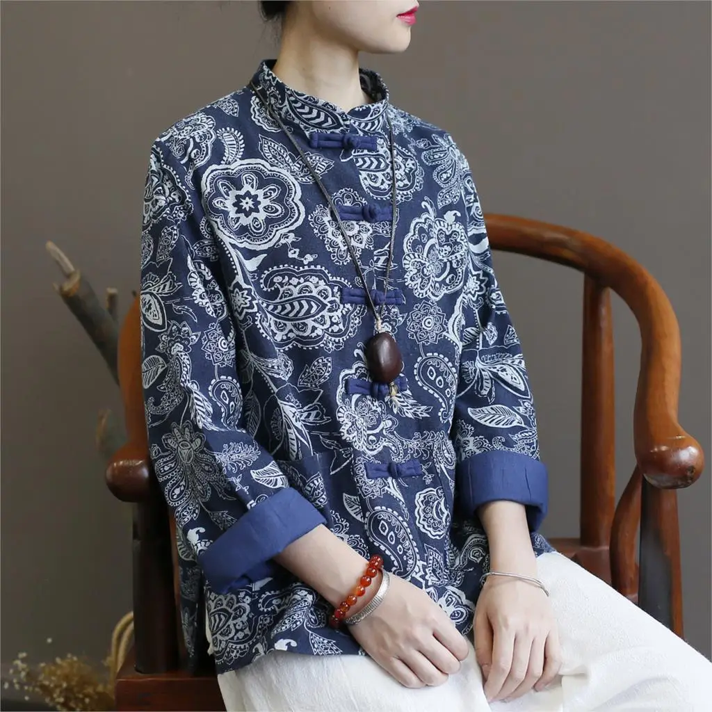 Женский хлопковый текстиль с принтом куртки женские свободные в китайском стиле
