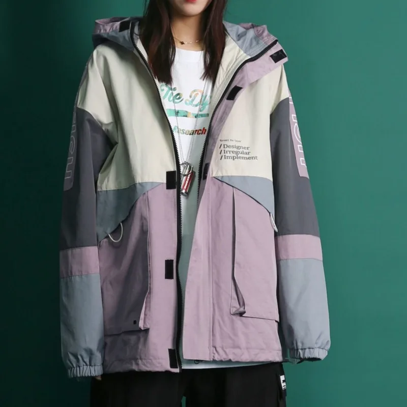 Фиолетовая Осенняя куртка для женщин и мужчин пальто куртки Harajuku размера плюс