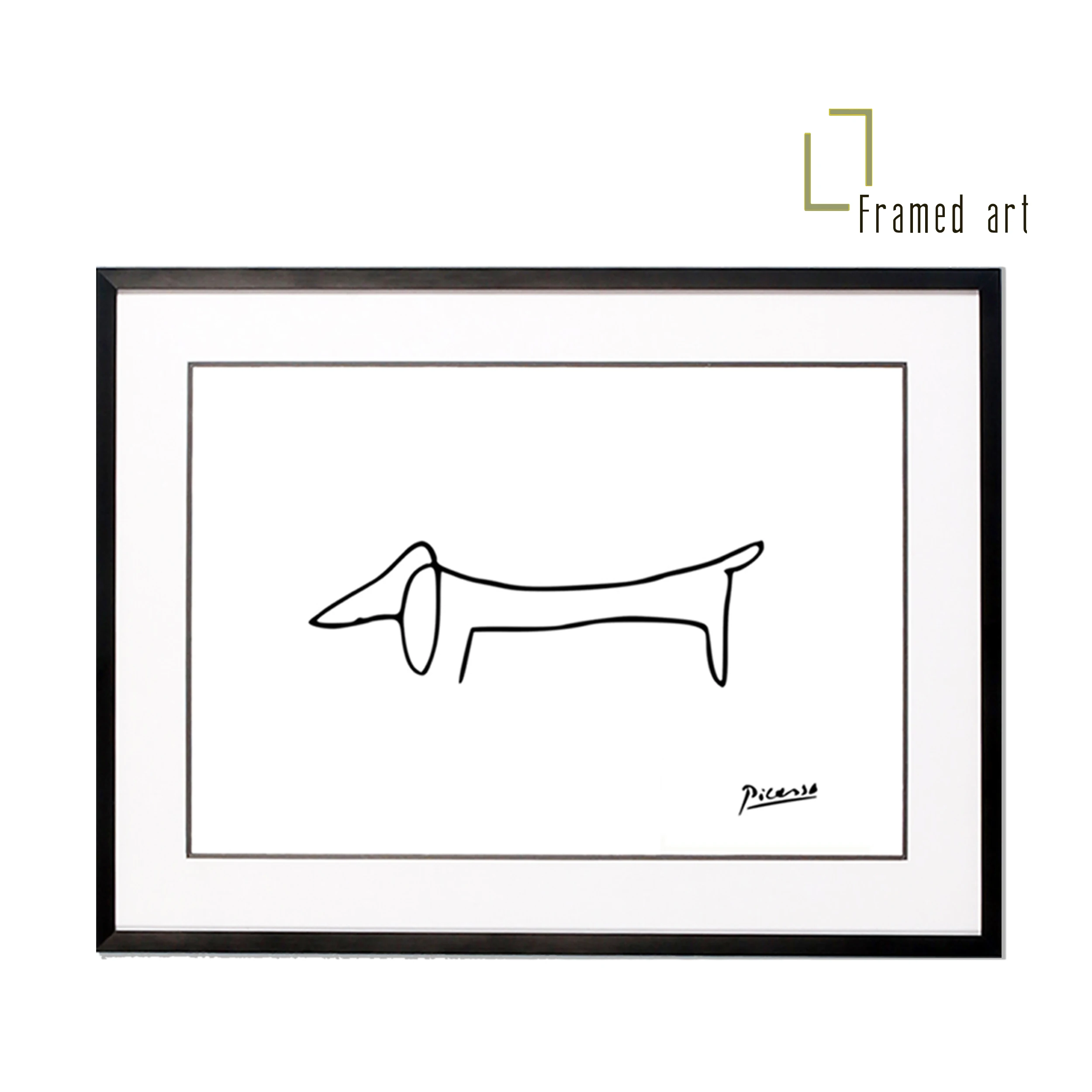 Framed art Picasso WEINER DOG linedrawing aluminum picture frame with matboard 30x40cm