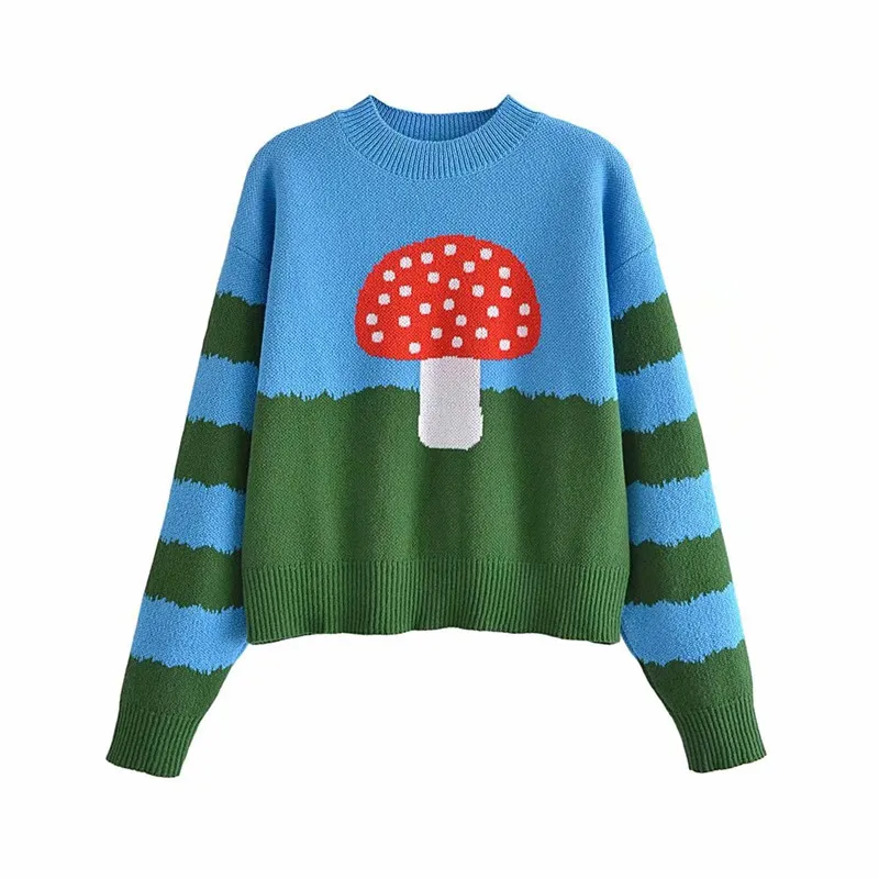 

2021 Cute Knit Mushroom Sweater Woman Vintage Long Sleeve O Neck Autumn Pullovers Womens Chic Fitted Striped Knitted Top