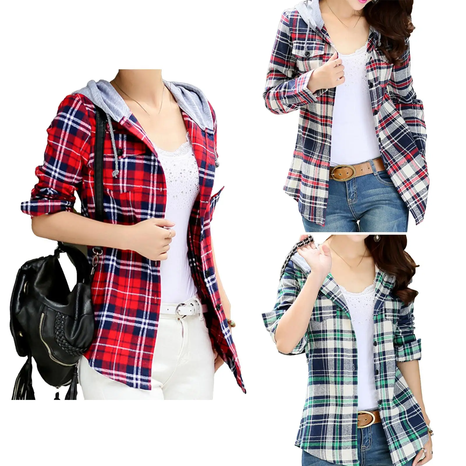 

Womens Long Sleeve Hoodie Sweatshirt Hooded Pullover Classic Plaid Hood Button-up Blouse Sudaderas Mujer Album Moletom Feminino