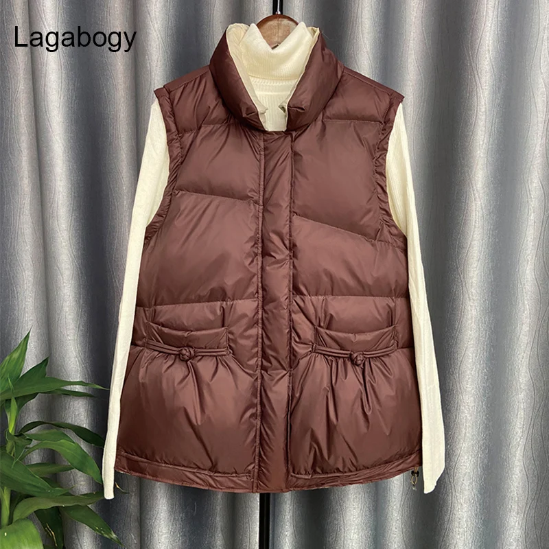 

Lagabogy 2021 New Autumn Winter Short Vintage Plate Buttons Vest Women White Duck Down Waistcoat Female Warm Loose Sleeveless