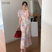 vintage elegant dress floral split lace dress korean one piece fashion simple o neck dress new 2021 womens summer dress 8191