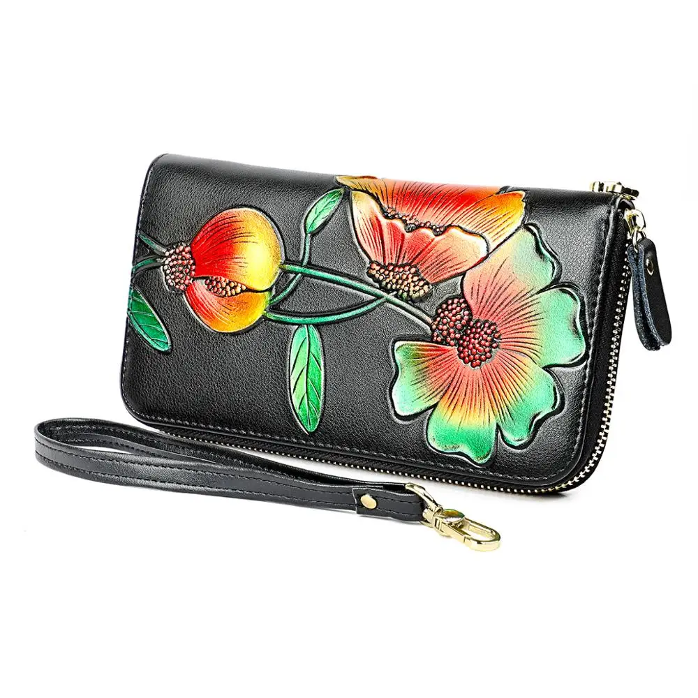 Кошелек женский кожаный на молнии с RFID-защитой принтом ручная роспись | Багаж и