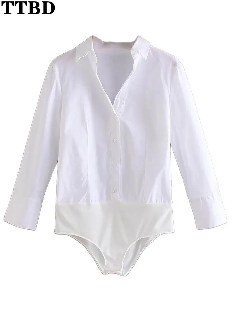

TTBD body suit 2022 Women Fashion Turn Down Collar White Poplin Bodysuits Ladies Office Wear Breasted Slim Siamese Chic Rompers